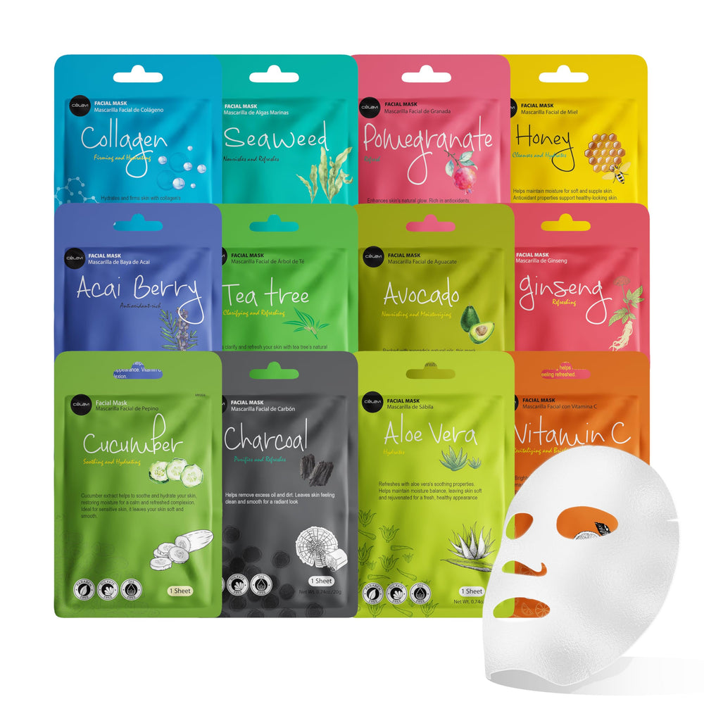 Celavi Cosmetics: variedad de 12 mascarillas de esencia para diferentes necesidades de la piel.