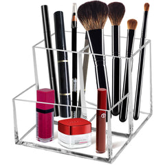Cerpourt Organizador de brochas acrílico claro con 3 secciones para ordenar maquillaje.