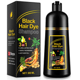 Champú teñidor negro para canas: la botella frontal muestra cobertura uniforme