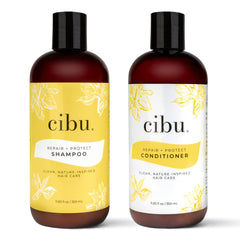 CIBU Repair + Protect champú, botella vertiendo, limpieza suave y revitalizante