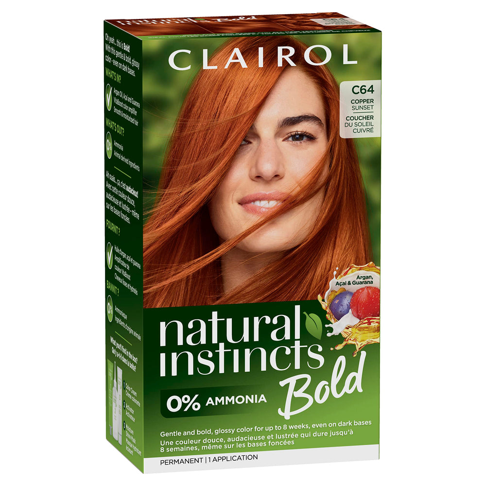 Clairol Instintos Naturales Audaces Permanente en tono Cobre Ocaso, color duradero.