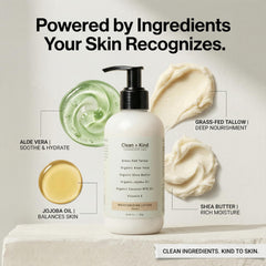 Clean + Kind Loción: ingredientes aloe y jojoba para barrera cutánea fortalecida.