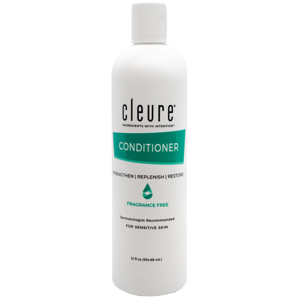 Acondicionador Cleure sin fragancia en envase, hidratación suave para pieles sensibles.