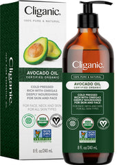 Cliganic Aceite de Aguacate Orgánico, frasco, cuidado nutritivo para piel suave.