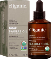 Cliganic Aceite de Baobab en envase visible para piel hidratada.