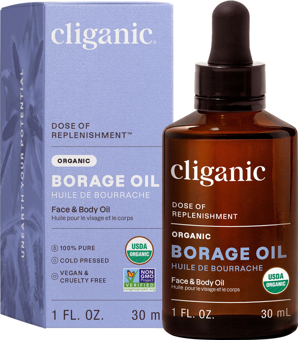 Cliganic Aceite de borraja en botella, uso facial suave y natural.