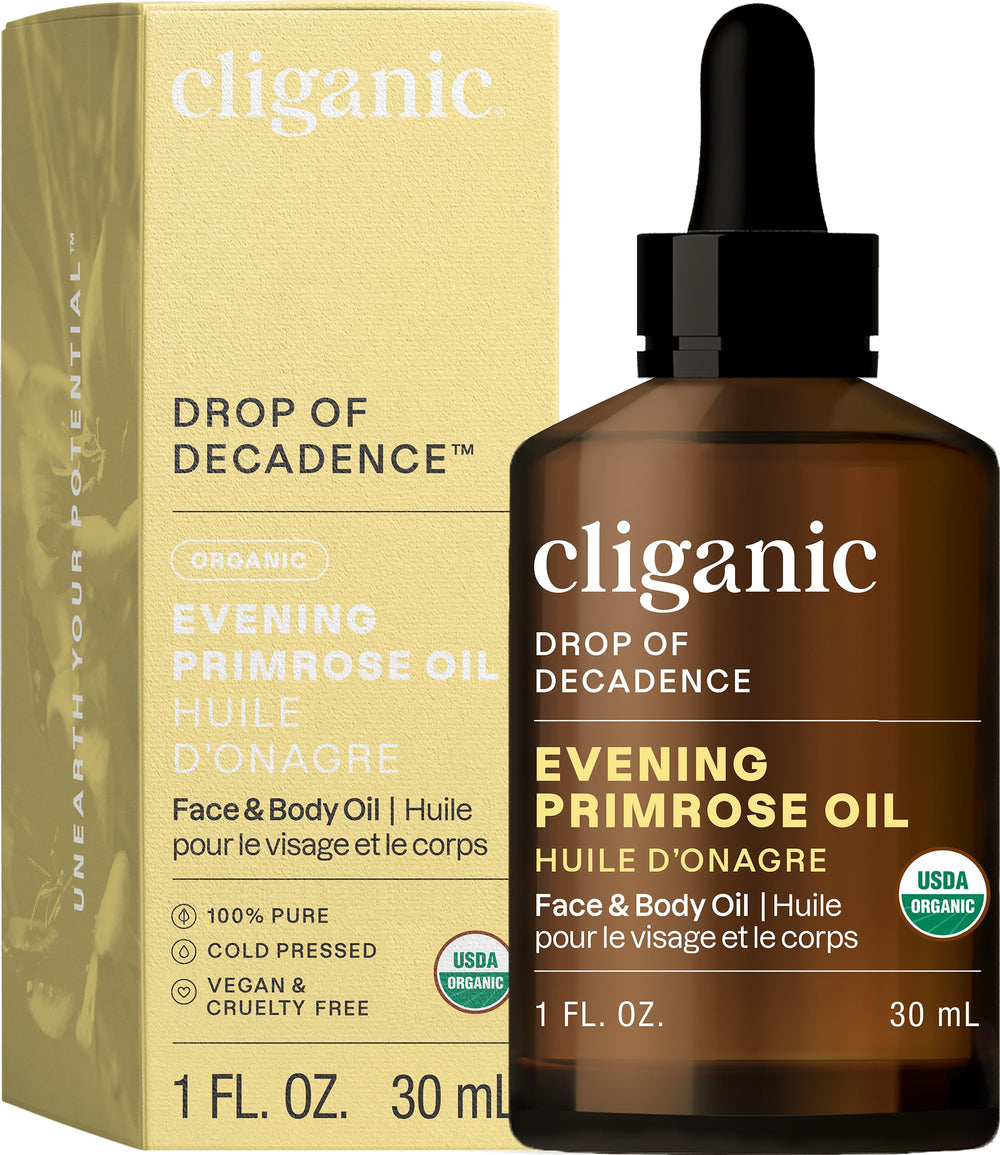 Cliganic Aceite de Onagra orgánico en botella, para hidratación diaria de piel y cabello.
