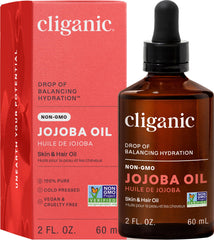 Cliganic Aceite de Jojoba, botella frontal, textura suave para piel y cabello.