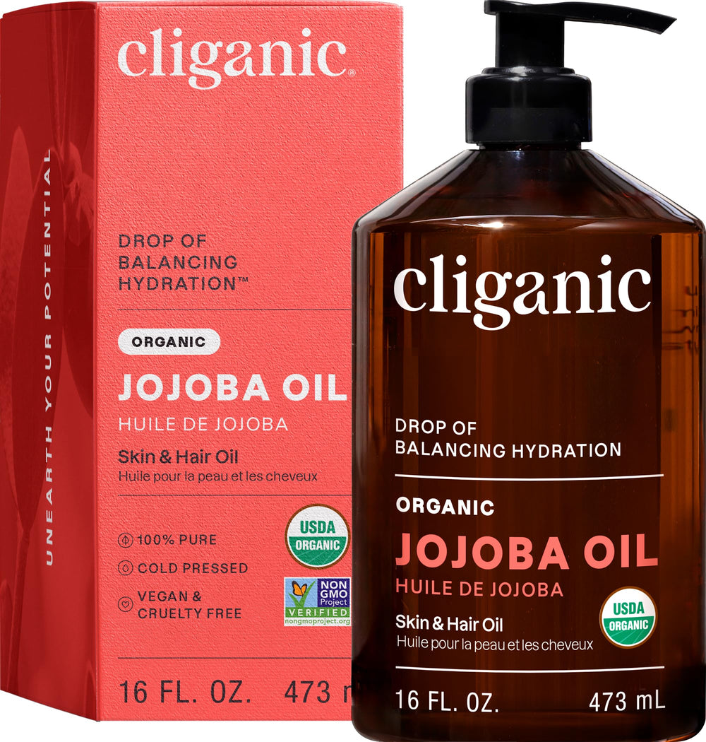 Cliganic Aceite de Jojoba Orgánico, envase de 473 ml, hidratación facial suave.