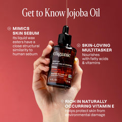 Cliganic Aceite de Jojoba, prensado en frío, textura ligera para absorción rápida.