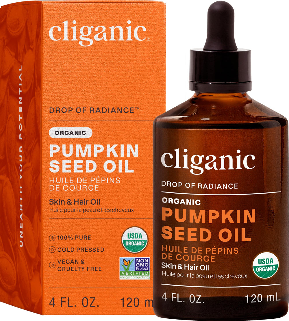 Cliganic Aceite Orgánico de Semilla de Calabaza, envase, ideal para hidratar rostro diariamente.