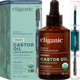 Cliganic Aceite de Ricino Orgánico en frasco de vidrio para pestañas y cejas.
