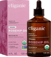 Cliganic Aceite de rosa mosqueta botella, cuidado facial suave y nutritivo.