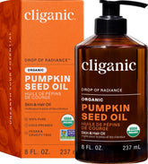 Cliganic Aceite de Semilla de Calabaza, botella vertiendo, para cuidado facial y capilar suave.
