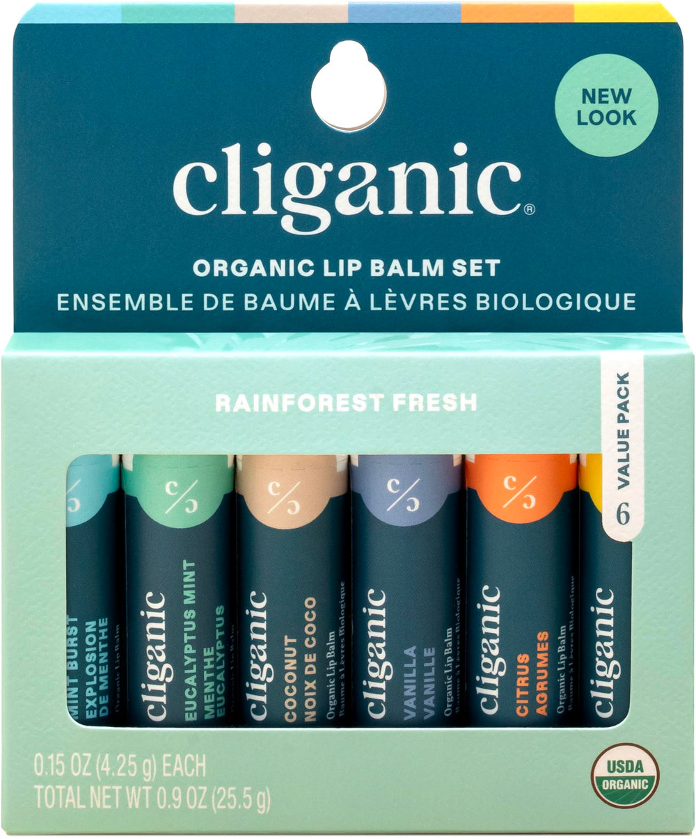 Conjunto de bálsamos labiales orgánicos Cliganic, seis sabores, para hidratación diaria.