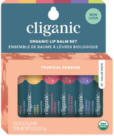 Bálsamo labial Cliganic set de 6 sabores tropicales para hidratación suave y duradera.