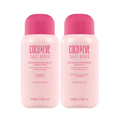 Champú Coco & Eve Repair & Restore, botella visible para uso diario en cabello dañado.