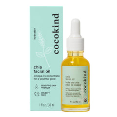 Cocokind aceite facial de chia con camomila, envase compacto para uso diario.