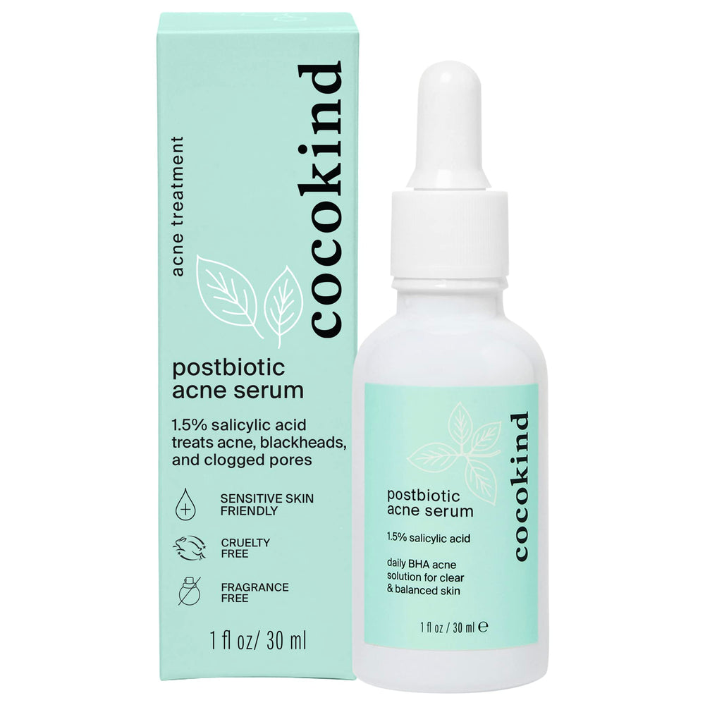 Cocokind Postbiotic Acne Serum bottle with lightweight formula for clearer pores.