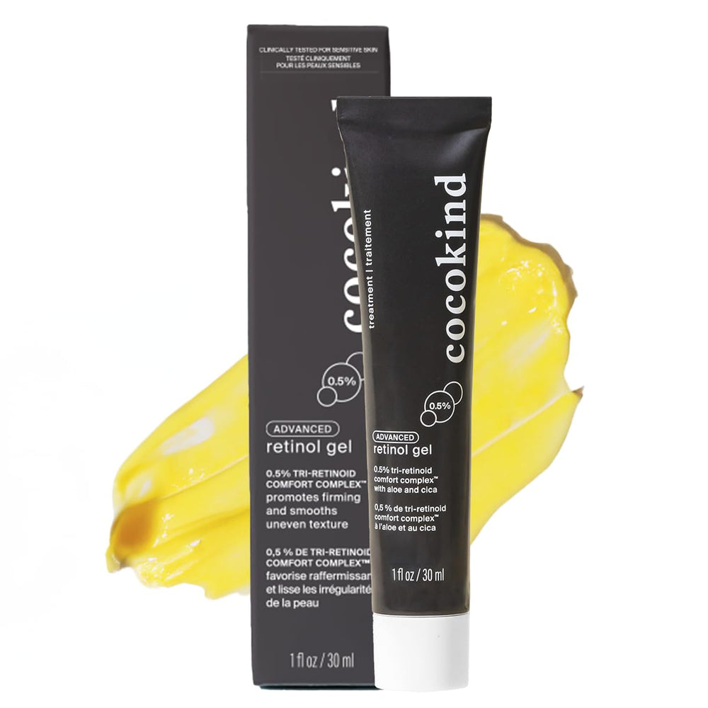 Cocokind Gel Retinol 0.5% en frasco, aplicación nocturna fácil.