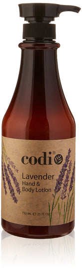 CODi Loción lavanda, frasco frontal, hidratación suave para manos y cuerpo.