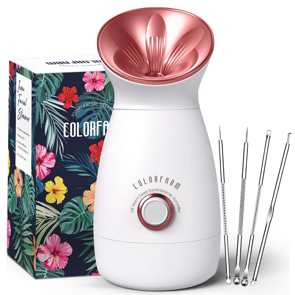 Colorfarm Facial Steamer Nano Ionic en uso en rostro para limpieza suave de poros.