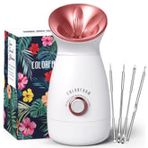 Colorfarm Facial Steamer Nano Ionic en uso en rostro para limpieza suave de poros.