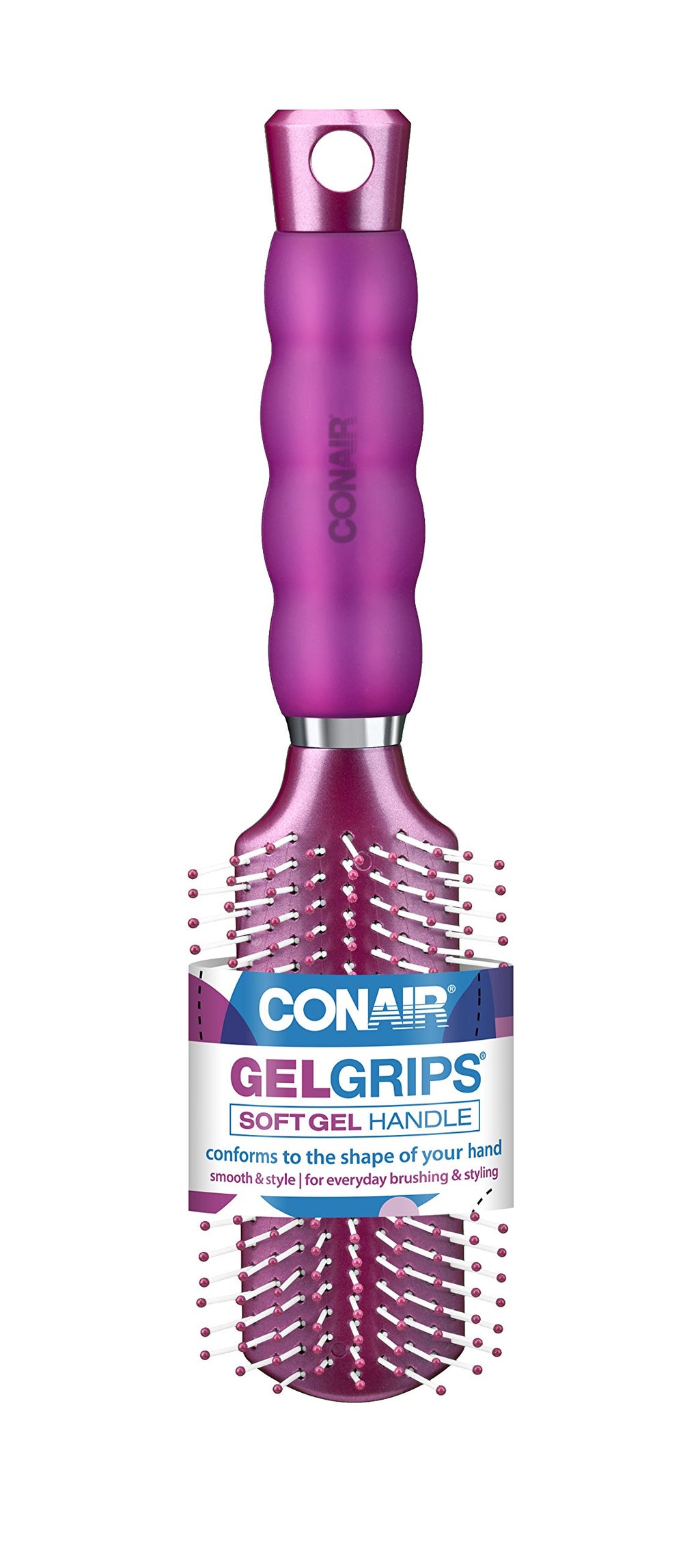 Cepillo Conair con agarres de gel para control y comodidad durante el peinado.