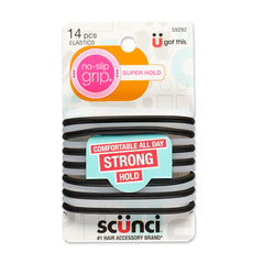 Elásticos sin deslizamiento de Conair Scunci sujetando la cola de pelo sin dañar.