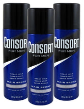 Consort aerosol para cabello, empaque de tres piezas, opción práctica para peinado diario.