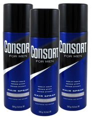 Consort aerosol para cabello, empaque de tres piezas, opción práctica para peinado diario.