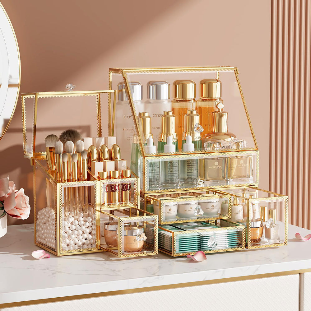 CoralHouse organizador-maquillaje cristal dorado, vista frontal para acceso rápido a productos