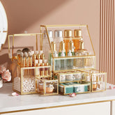 CoralHouse organizador-maquillaje cristal dorado, vista frontal para acceso rápido a productos