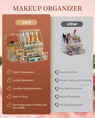 CoralHouse organizador-maquillaje cristal dorado mostrando perfume y cremas en exhibición