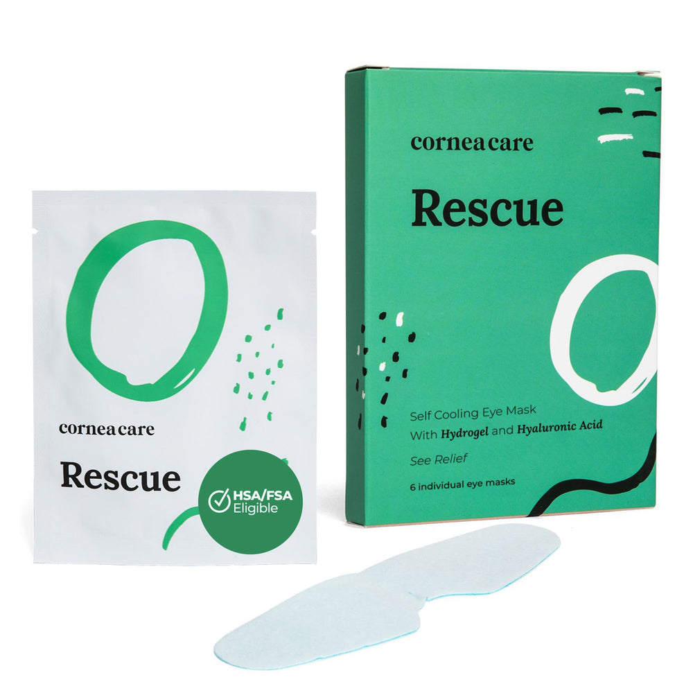 CorneaCare Rescue mascarilla ocular fría aplicada para alivio de ojos cansados.