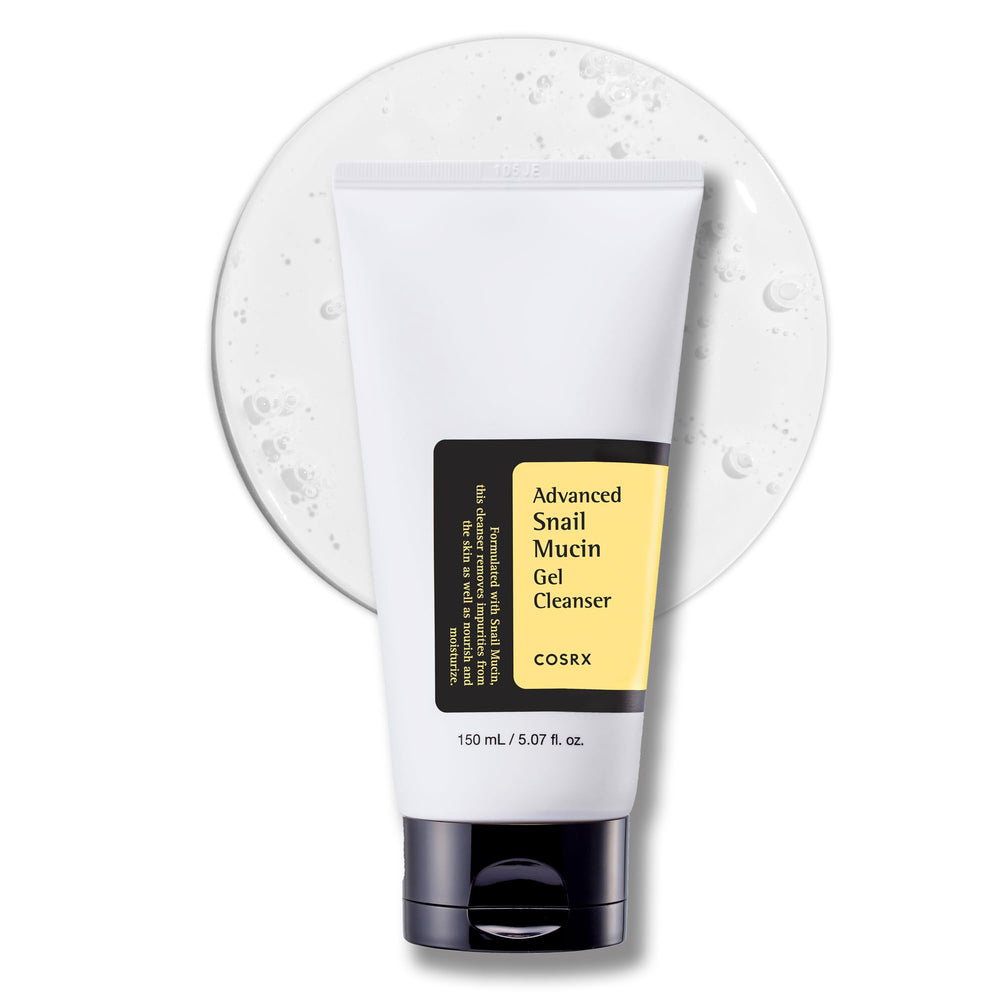 COSRX Advanced Snail Mucin Gel Cleanser en botella, limpieza suave para piel sensible.