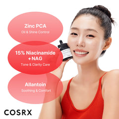 Gouttes de COSRX Niacinamide 15% déposées sur la peau, absorption rapide et légère.