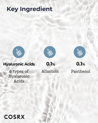 COSRX Hydrium Watery Toner, concentración de seis tipos de ácido hialurónico para hidratación.