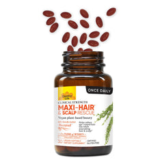 Country Life Maxi-Hair botella-etiqueta: etiqueta clara con ingredientes veganos y libres de gluten.