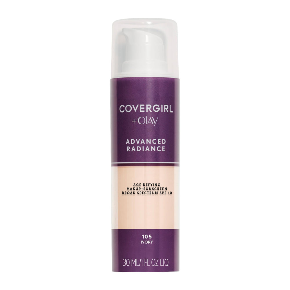 COVERGIRL fundación antienvejecimiento radiancia - botella mostrando el envase y el acabado natural