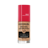 Covergirl Outlast Extreme Wear botella con SPF 18 para protección diaria y tono uniforme.