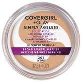 COVERGIRL Simply Ageless muestra la botella de fundación, fórmula antiarrugas para un acabado suave.