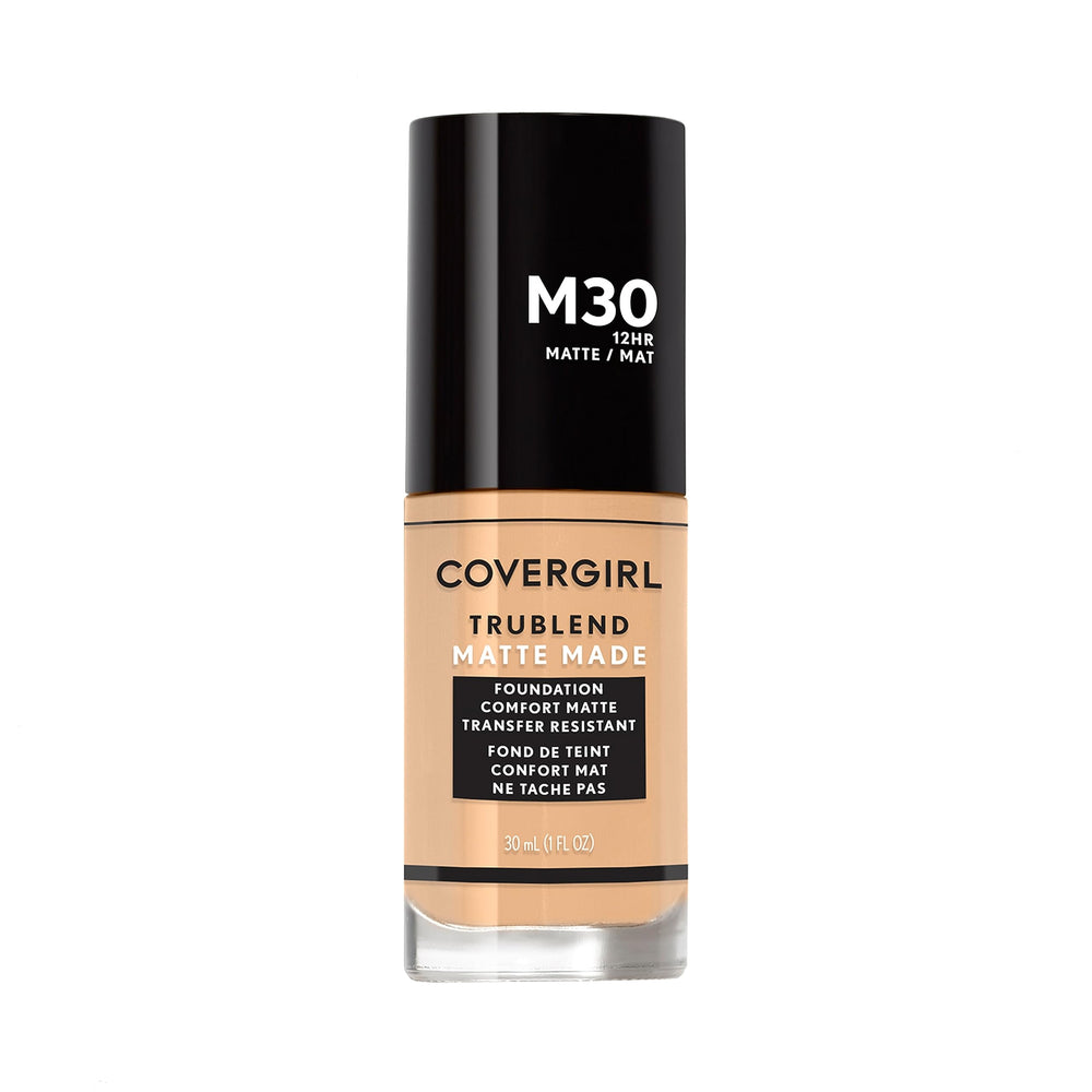 COVERGIRL TruBlend Matte Made Fundacion Honey, frasco frontal, acabado mate suave.