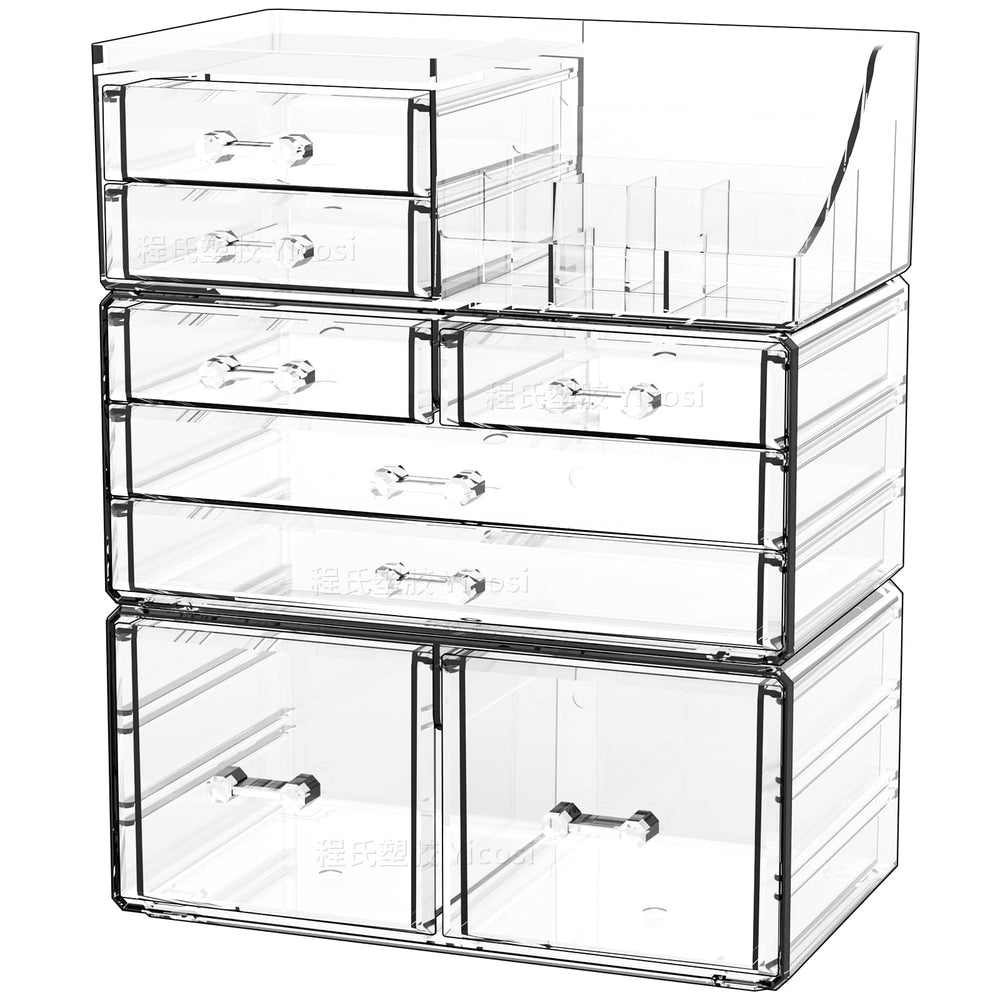 Cq acrylic organizador de maquillaje claro en pack de 3, vista superior, ideal para tocador.