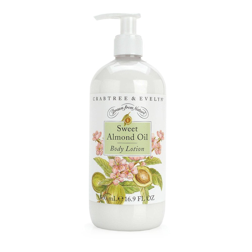 Crabtree & Evelyn Sweet Almond Oil body lotion bottle for dry skin hydration.