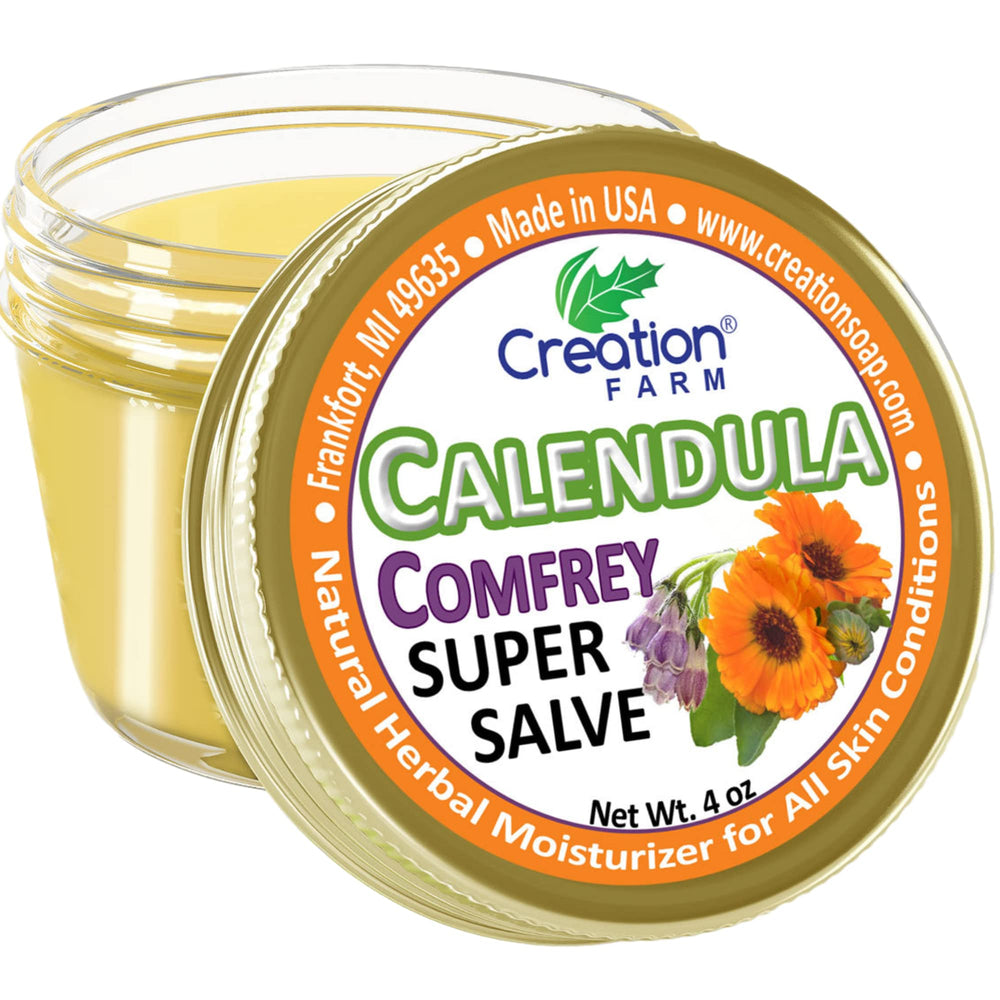 Creation Pharm Calendula Comfrey Salve: envase elegante y conveniente para uso diario.