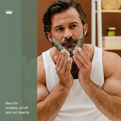 Cremo suavizante para barba descuidada, botella en detalle y suavidad.