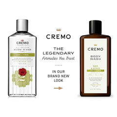 Cremo Rich-Lathering Sage & Citrus Body Wash packaging, highlighting all-season formula and nourishing marula oil.