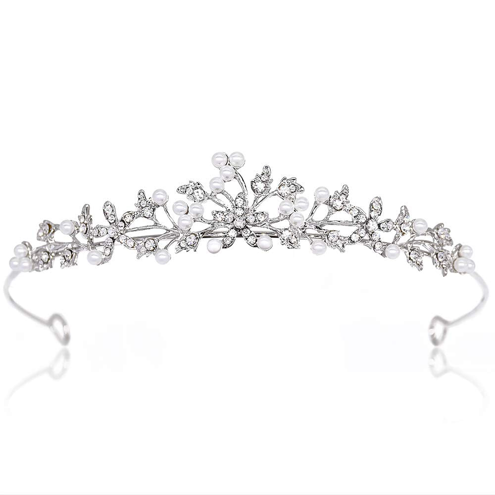 CROWNFAN tiara de perlas con cristal, ideal para boda elegante