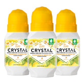 Crystal Essence desodorante mineral roll-on, embalaje 3pack, opción práctica para consumo familiar.